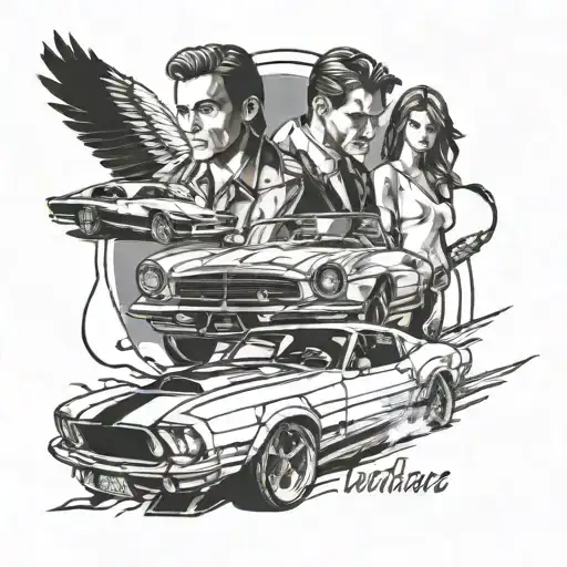 A tattoo design featuring iconic movie scenes intertwined with images of sleek sports cars, symbolizing your love for both movies and cars tattoo design idea