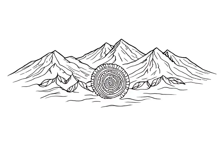 Peruvian mountain range with 3 coca leaves and pachamama spiral tattoo design idea