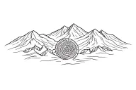 Peruvian mountain range with 3 coca leaves and pachamama spiral tattoo design idea