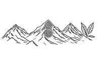 Peruvian mountain range with 3 coca leaves and pachamama spiral tattoo design idea