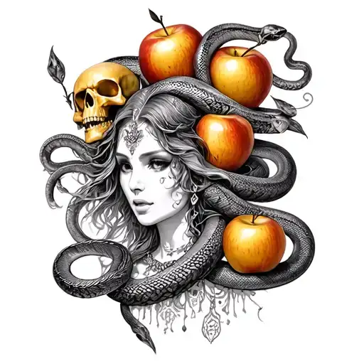 Goddess Eris with her golden apples, snakes, and skulls that represents chaos  tattoo design idea