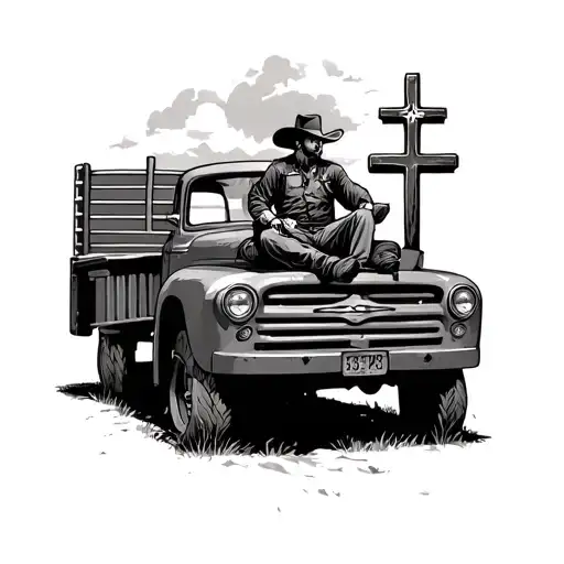 cowboy sitting on the bed of a truck staring at a cross tattoo design idea