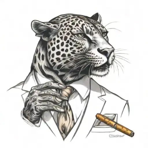 panther wearing a 3 piece suit smoking a cigar tattoo design idea