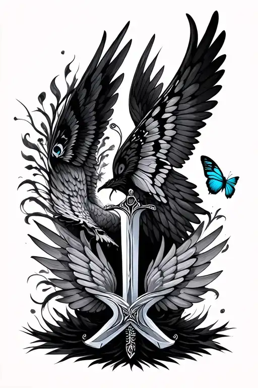 angel and dark angel wings monarch butterfly peacock four wings sword of truth down middle back tattoo design idea