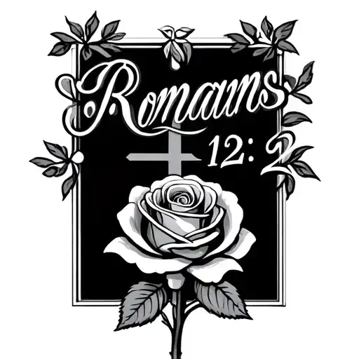 Cursive script says Romans 12:2 with a cross and rose below it  tattoo design idea