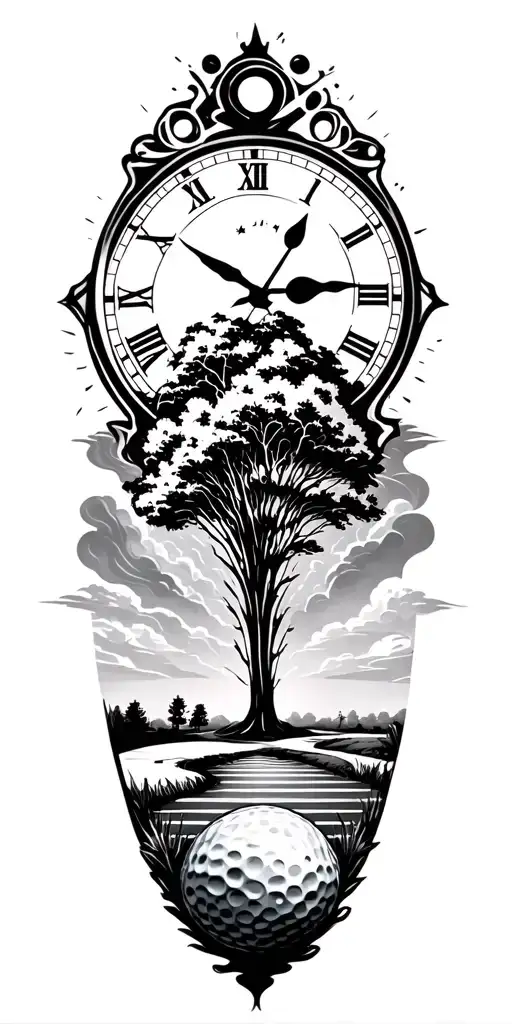 lightining storm and time and nature and golf course tattoo design idea