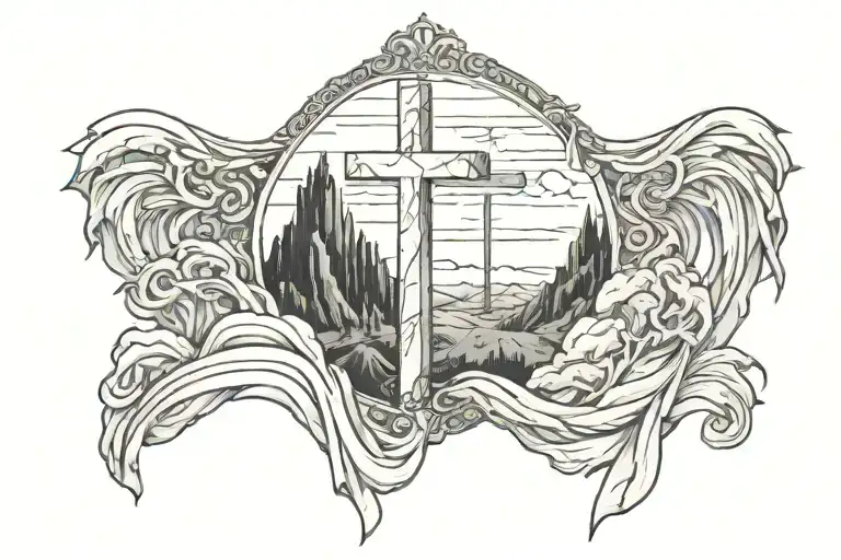 Curtain being torn open revealing three empty crosses at the top of a hill tattoo design idea