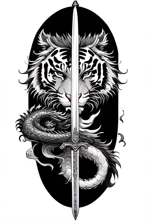 dragon and tiger and katana sword feminine tattoo design idea