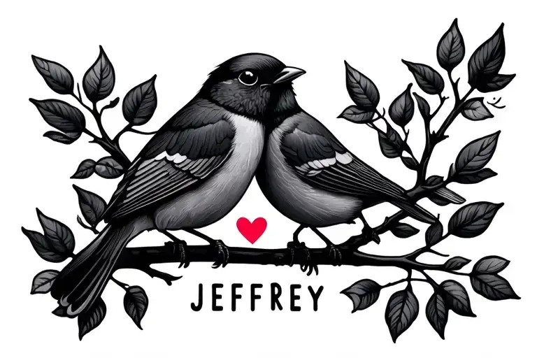 cute minimal outline of love birds on a branch with the name Jeffrey underneath. a small heart outline by birds heads. tattoo design idea