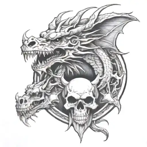 3 headed dragon and skull surrounded tattoo design idea