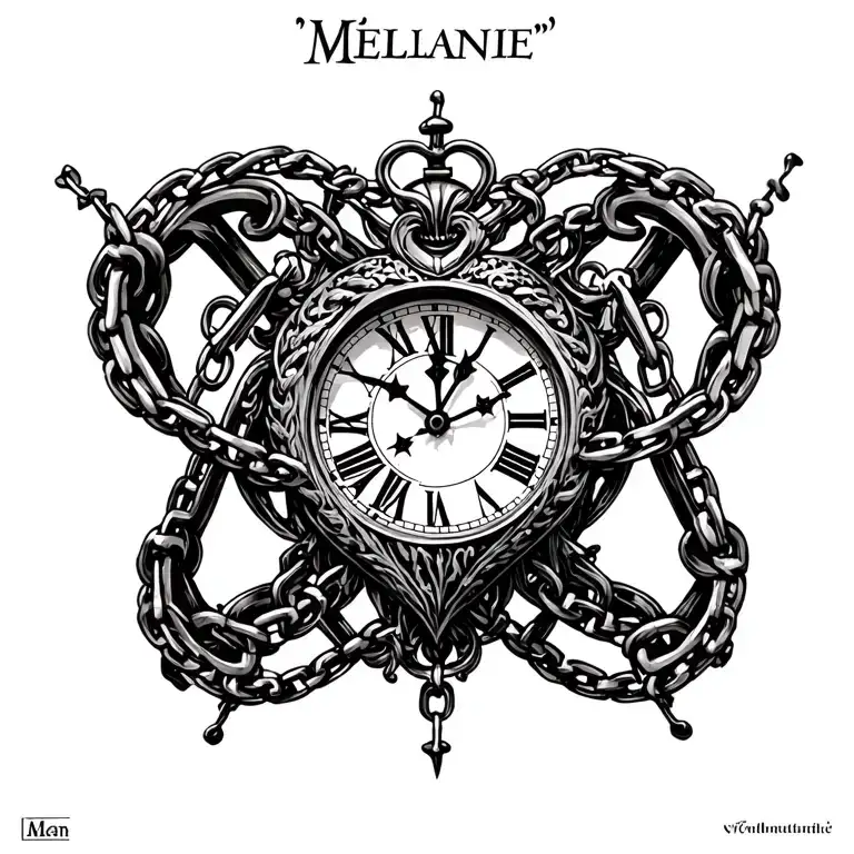 "Mélanie" clock Coeur chain tattoo design idea