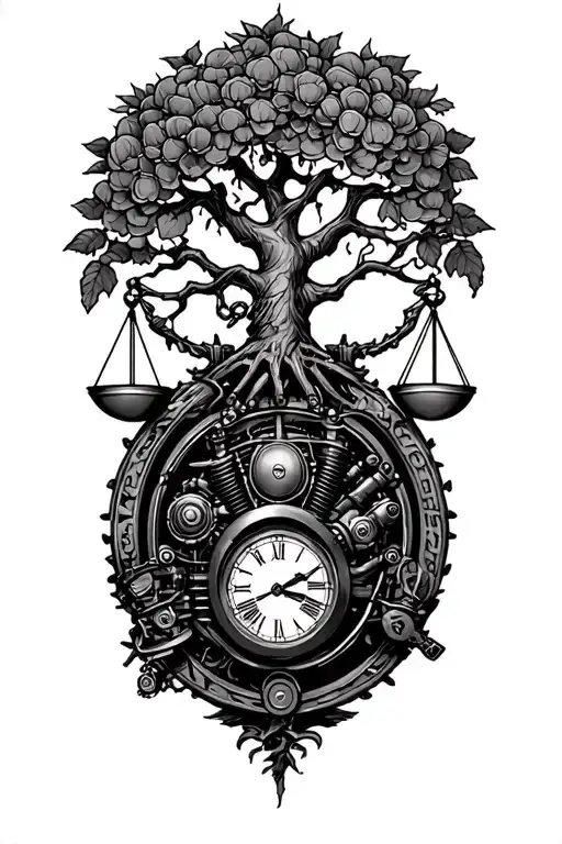 midevil tree of life, steampunk libra scale, old harley engine & time tattoo design idea