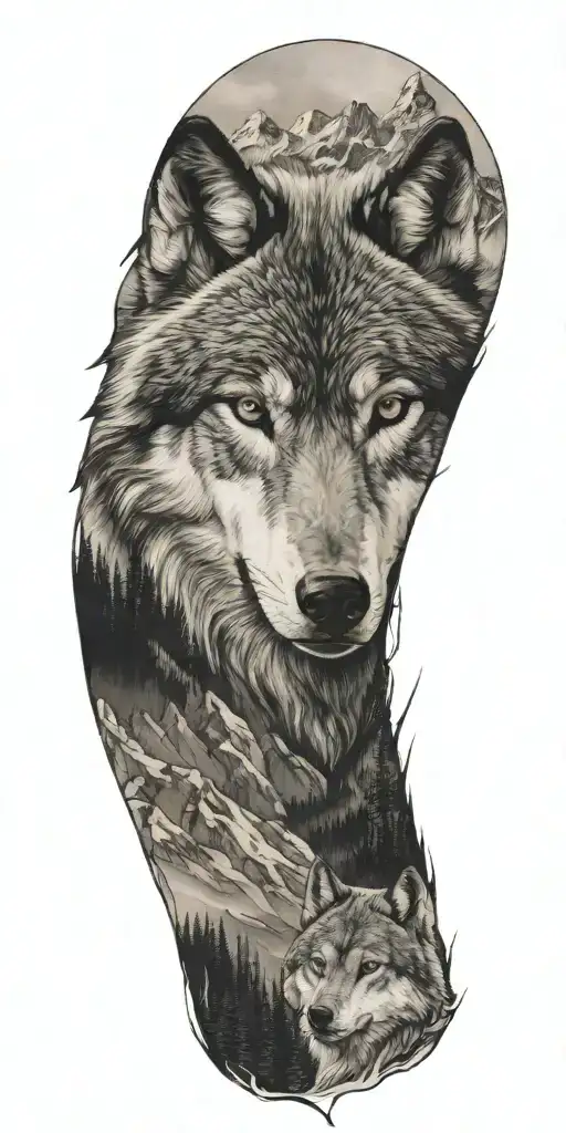 wolf and mountains tattoo design idea