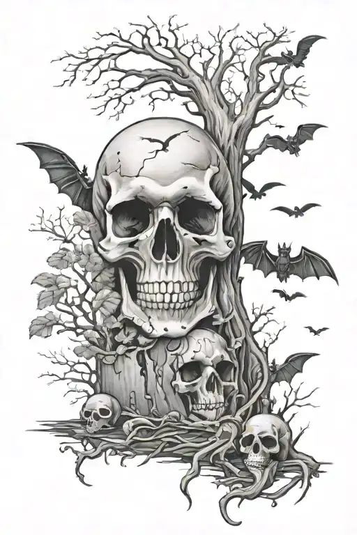 graveyard scene, skull soft shading, trees growing, bats tattoo design idea