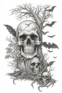 graveyard scene, skull soft shading, trees growing, bats tattoo design idea