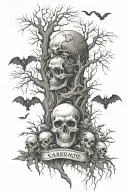 graveyard scene, skull soft shading, trees growing, bats tattoo design idea
