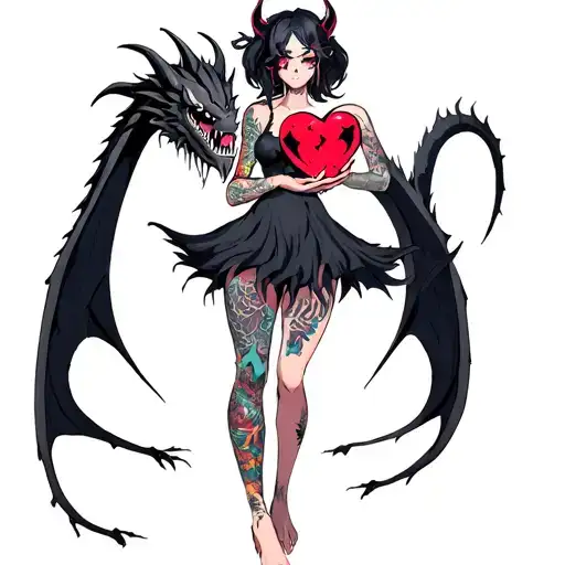 tattooed anime demon girl holding a shattered heart surrounded by a voodoo black dragon tattoo design idea