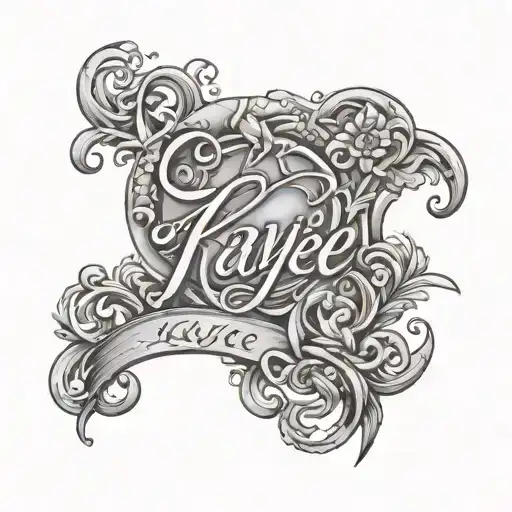 mans tattoo with “Kaylee” written out in a clear cursive with a background using the Libra zodiac sign & symbols tattoo design idea