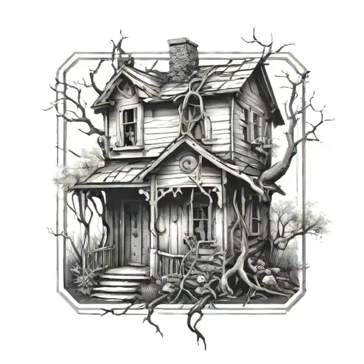Abandoned old house, roses, tree roots tattoo design idea