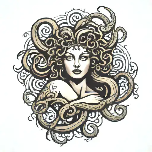 Design me a tattoo in black style it should go over the left arm up to the hand Medusa should be on it and tattoo design idea