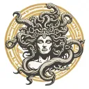 Design me a tattoo in black style it should go over the left arm up to the hand Medusa should be on it and tattoo design idea