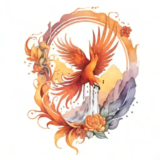 phoenix, fire, waterfall, mountain tattoo design idea