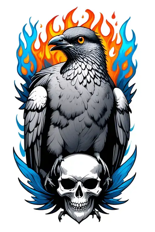 black and gray dove with a sinister skull for a torso and wild orange and blue flames all around the bird tattoo design idea