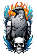 black and gray dove with a sinister skull for a torso and wild orange and blue flames all around the bird tattoo design idea