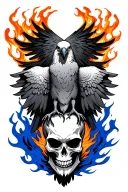 black and gray dove with a sinister skull for a torso and wild orange and blue flames all around the bird tattoo design idea