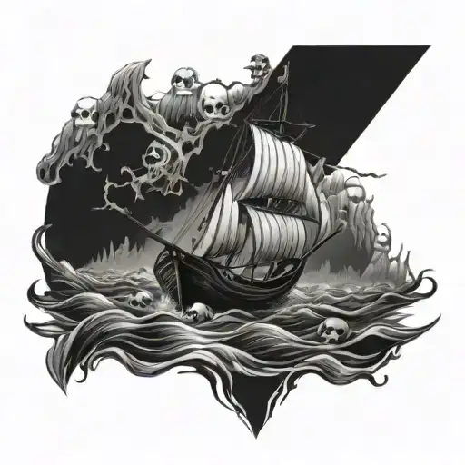 A rowing boat sailing through a sea of skulls tattoo design idea