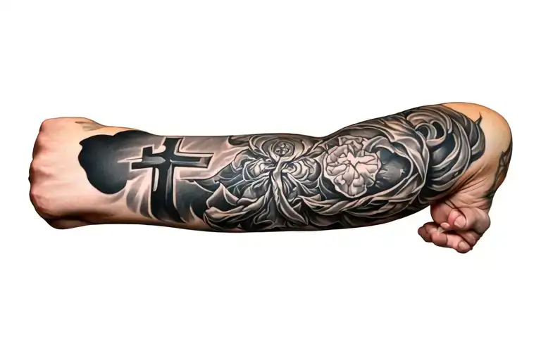 Alfalla on my Form arm sleeve cool design with a cross tattoo design idea
