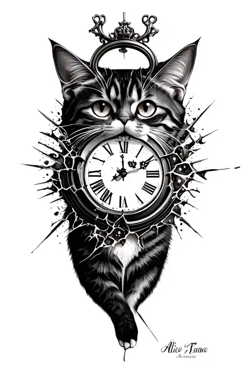 Alice in wonderland, chestriee cat, broken clock, dark art style tattoo design idea