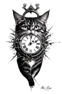 Alice in wonderland, chestriee cat, broken clock, dark art style tattoo design idea
