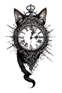 Alice in wonderland, chestriee cat, broken clock, dark art style tattoo design idea