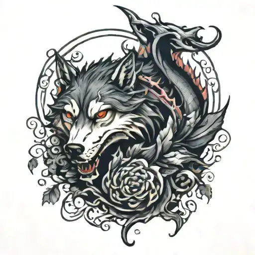 A wolf and dragon intertwined in a dark romance scene tattoo design idea