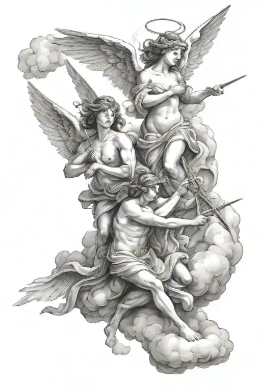 angels fighting in a storm clouds tattoo design idea