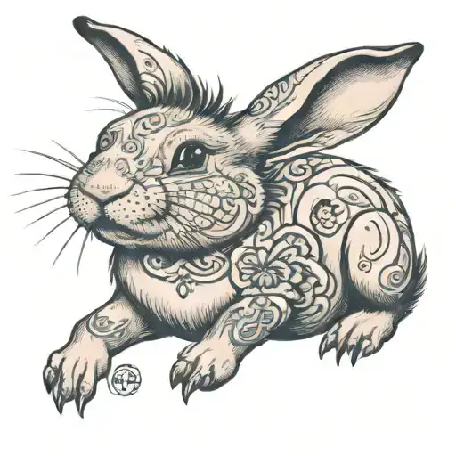 Rabbit with Pig Features: A fluffy rabbit with a pig snout and small, rounded ears, sitting in a playful pose. tattoo design idea