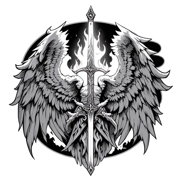 biblically accurate seraphim with fire sword in the middle  tattoo design idea