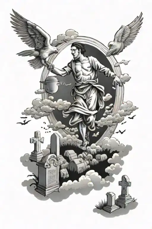 clouds with sun illuminating a cemetery with the rebirth of a man chasing money tattoo design idea