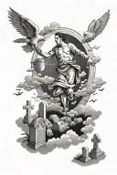 clouds with sun illuminating a cemetery with the rebirth of a man chasing money tattoo design idea