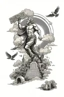 clouds with sun illuminating a cemetery with the rebirth of a man chasing money tattoo design idea