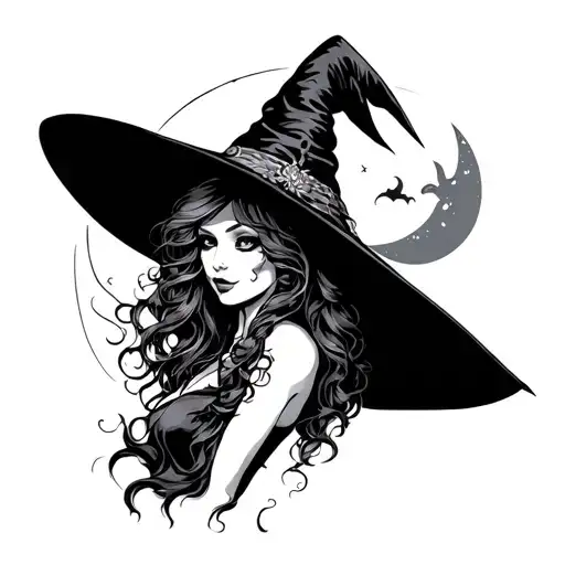 witch hot sexy pointy hat moon behind witch flying evil cemetery full body  tattoo design idea