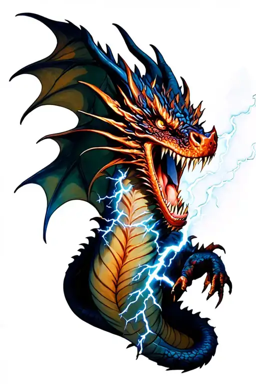 dragon with lightning coming out of his mouth open tattoo design idea