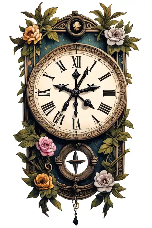 Rosary, clock in Roman numbers with the pointers indicating 6:14 am tattoo design idea