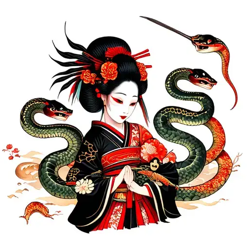 geisha with mask and samurai fighting snakes wrapped tattoo design idea