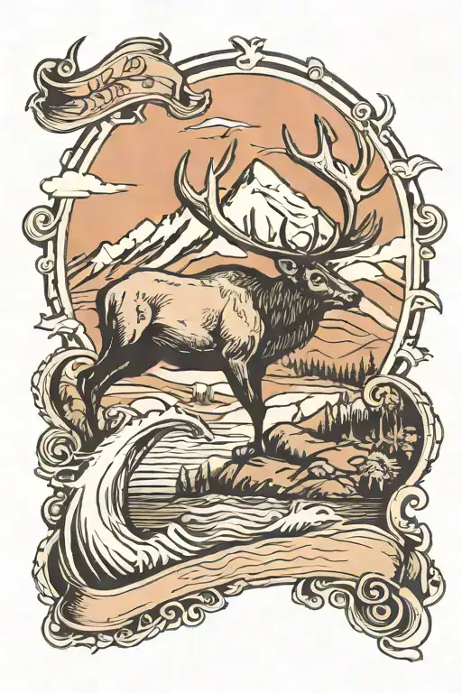 elk, mountains, water, cross, sockeye salmon jumping tattoo design idea