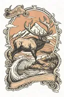 elk, mountains, water, cross, sockeye salmon jumping tattoo design idea