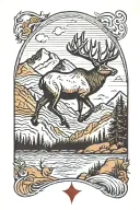 elk, mountains, water, cross, sockeye salmon jumping tattoo design idea