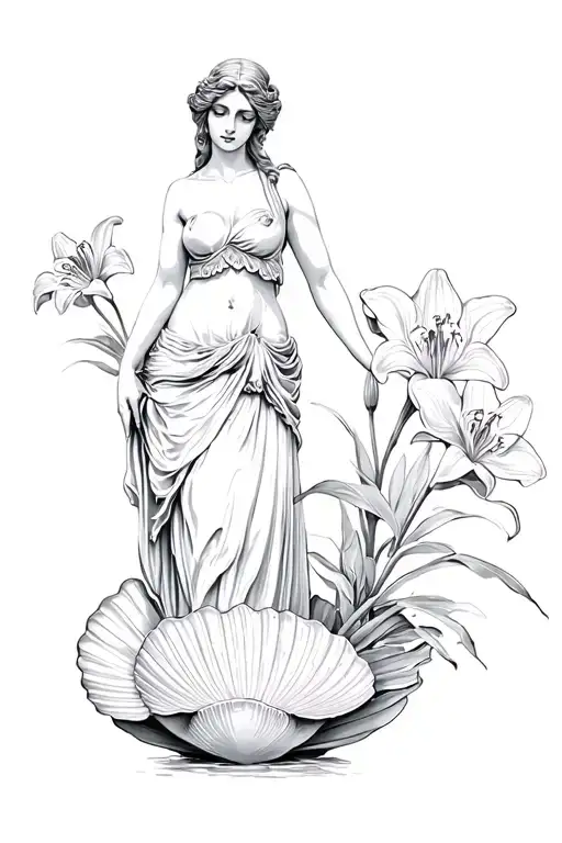 Aphrodite in the shell standing, lilies and orchid tattoo design idea