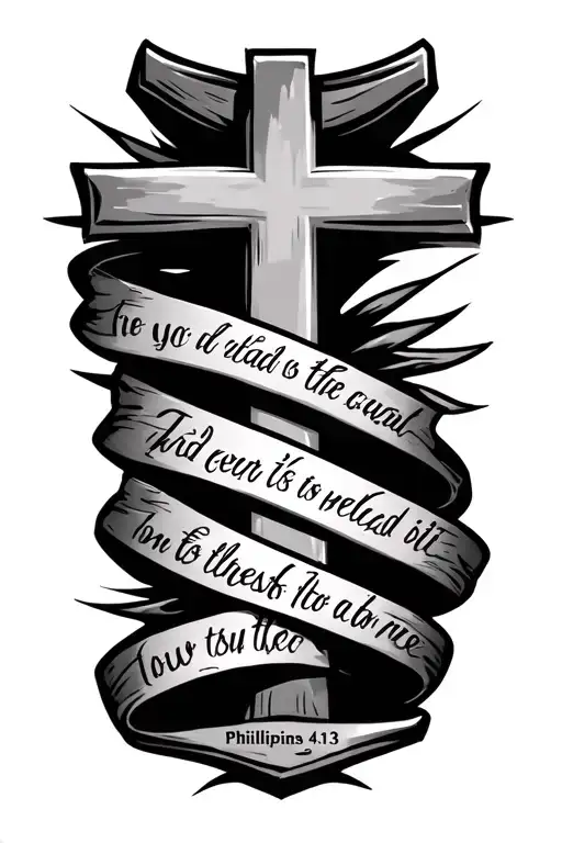 Phillipians 4:13 verse in cursive with cross above it with two bands around cross tattoo design idea